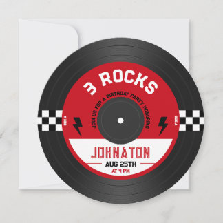 Invitación Tres Rocas Vinil Record Rock n Roll 3 cumpleaños