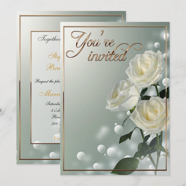 Invitación Tres rosas blancas/guarnición de oro (Anverso / Reverso)