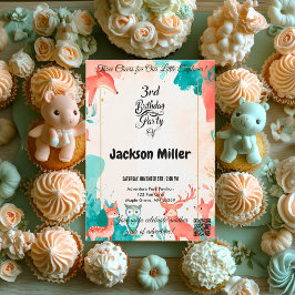 Invitación Tres saludos: Zorro de cumpleaños, búho y ciervo