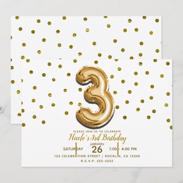 Invitación Tres tres Fiestas de Confetti de Globo de Oro (Anverso / Reverso)