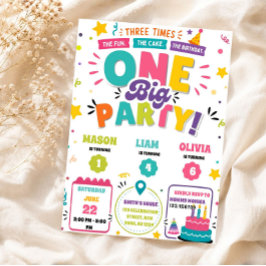 Invitación Tres Veces el Cumpleaños Triple Conjunto