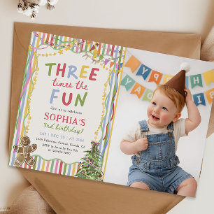 Invitación Tres Veces la Diversión Foto de Cumpleaños Colorid