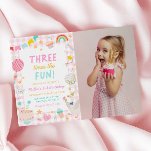 Invitación Tres Veces Más Diversión Foto de Cumpleaños 3 Colo