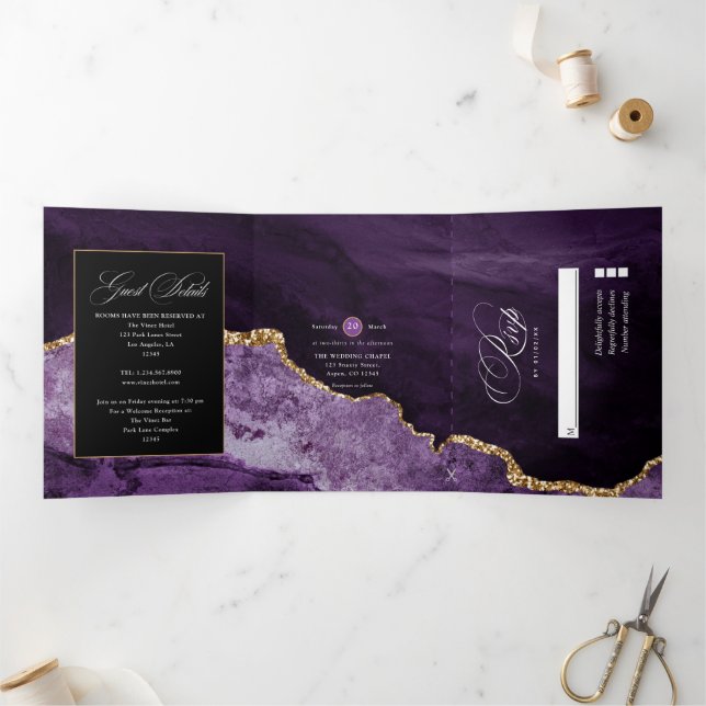 Invitación Tri-Fold Boda Agate Purple y Gold (Interior)