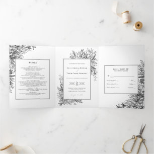 Invitación Tri-Fold de Boda de verde negro blanco