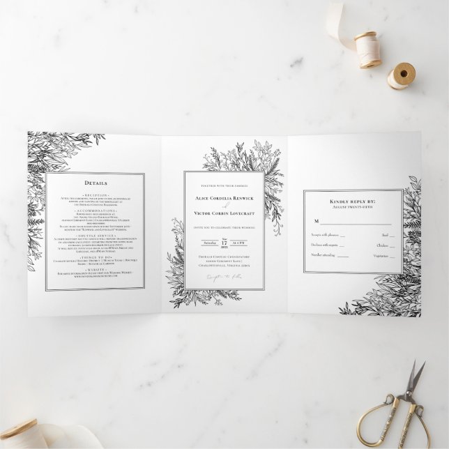 Invitación Tri-Fold de Boda de verde negro blanco (Interior)