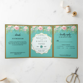 Invitación Tri-Fold del Boda Verde azulado Fab Pin