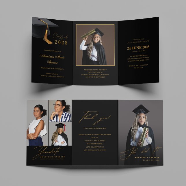 Invitación Tri-Fold Elegante de Graduación en Negr (Subido por el creador)