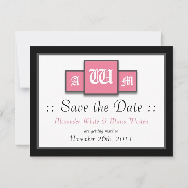 Invitación Tri-Monogram Rosa Fechas de Boda Modernas para Gua (Anverso)