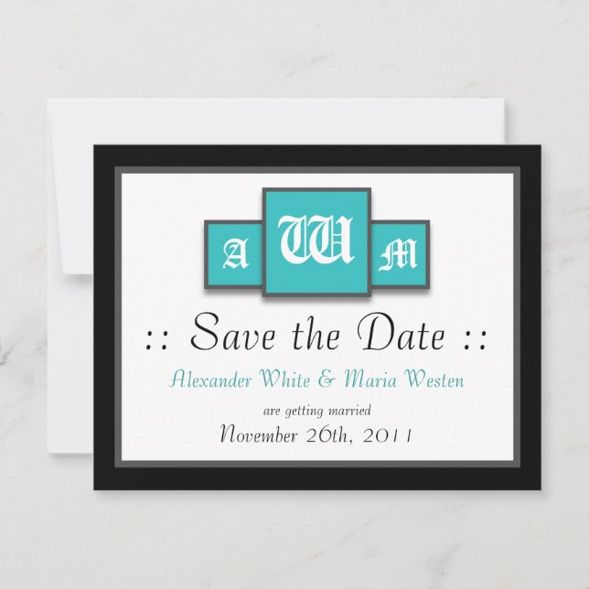 Invitación Tri-Monogram Verde Teal Modernas Bodas Save the Da (Anverso)
