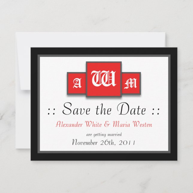 Invitación Tri-Monograma Fechas de Boda Modernas Rojas para G (Anverso)