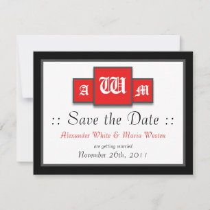 Invitación Tri-Monograma Fechas de Boda Modernas Rojas para G