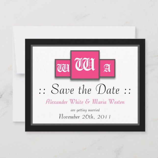 Invitación Tri-Monograma Fuchsia Modernas Bodas Save the Date (Anverso)