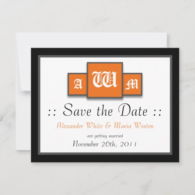 Invitación Tri-Monograma Naranja Bodas Modernas Save the Date (Anverso)