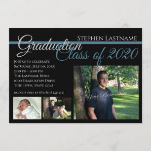 Invitación Tri-Photo de graduación negra clásica
