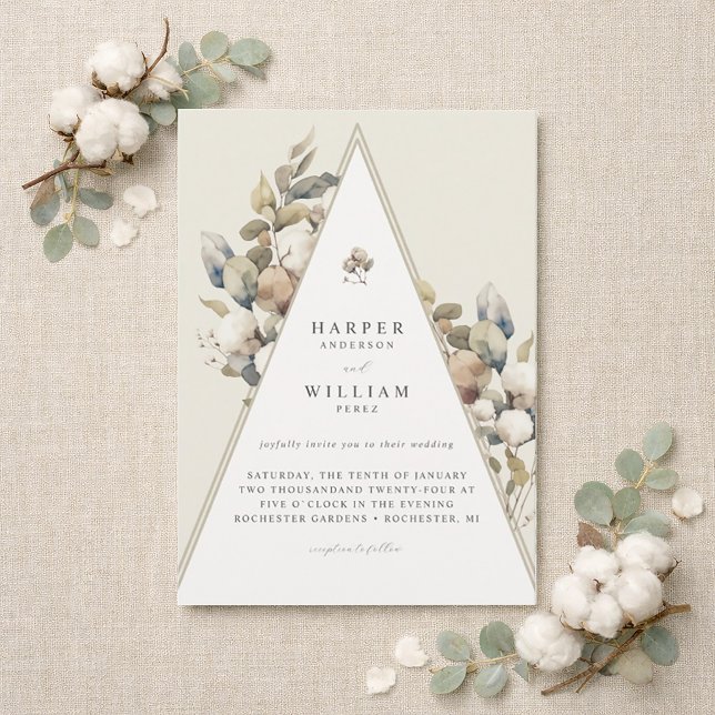 Invitación triángulo bohemio de algodón para boda (Rustic triangle wedding inviation featuring Cotton and eucalyptus, boho-wedding.)