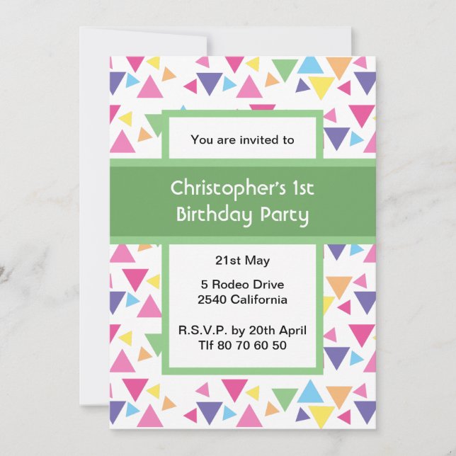 Invitación Triángulos de Arcoíris Cumpleaños 1º Fiesta Verde (Anverso)