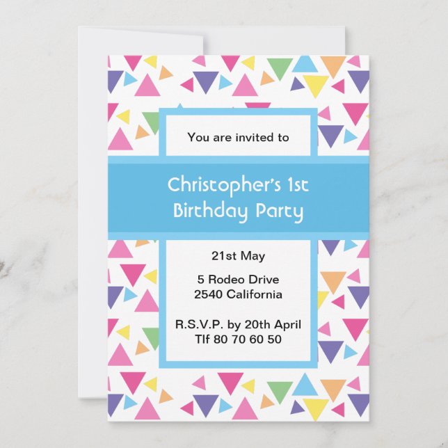 Invitación Triángulos de Arcoíris Cumpleaños 1 Azul Fiesta (Anverso)