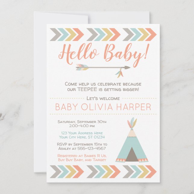 Invitación tribal a Baby Shower | Teepee Sprinkle (Anverso)