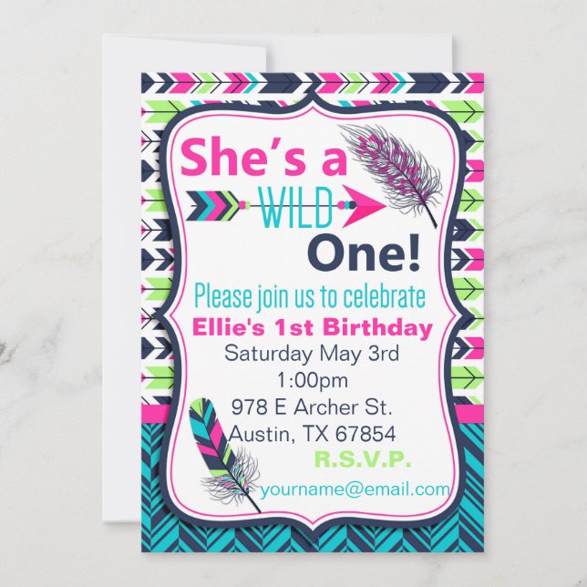 Invitación Tribal, Boho, Feather Wild Un Cumpleaños Invitació (Anverso)