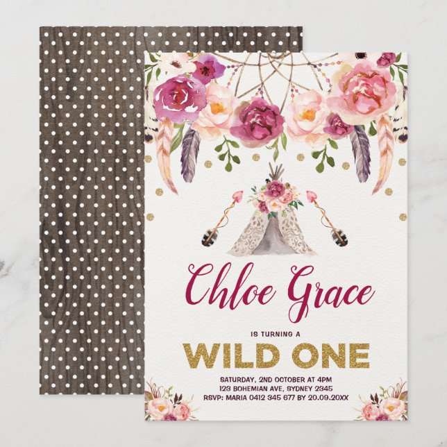 Invitación Tribal Boho Floral WILD One Birday Party Teepee (Anverso / Reverso)