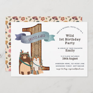 Invitación Tribal de primer cumpleaños de animales de bosque 