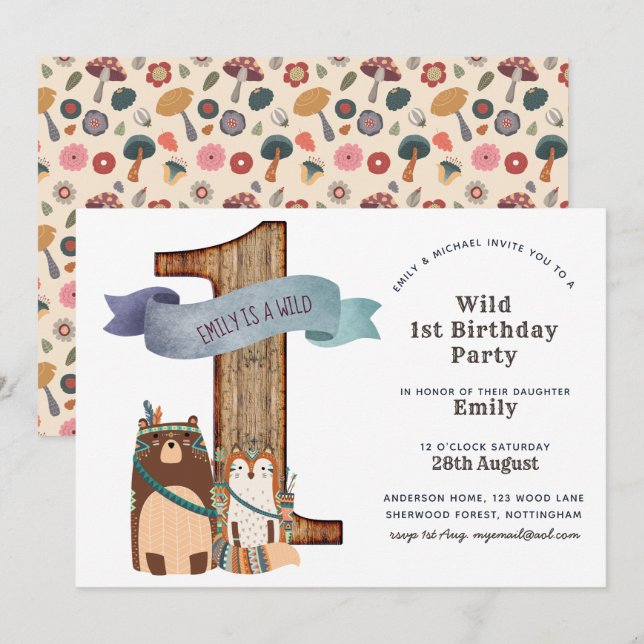 Invitación Tribal de primer cumpleaños de animales de bosque  (Anverso / Reverso)