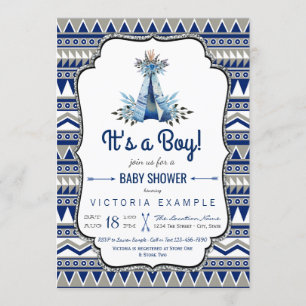 Invitación Tribal Teepee Azul Gris Camiseta Niños Baby Shower