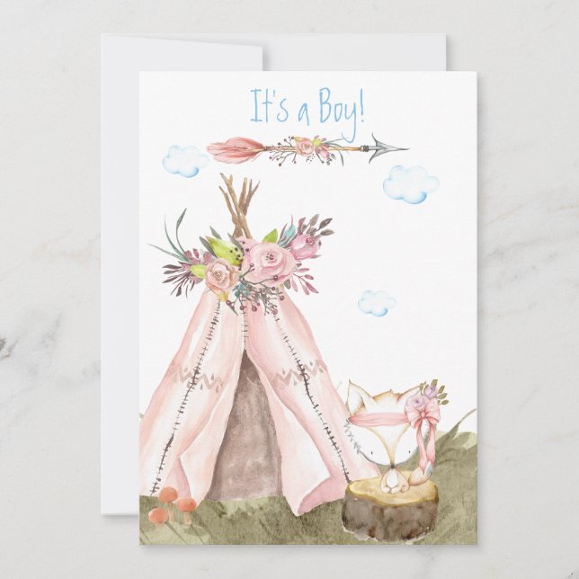 Invitación *~* Tribal Teepee Boho Forest Woodland Fox Boy (Anverso)
