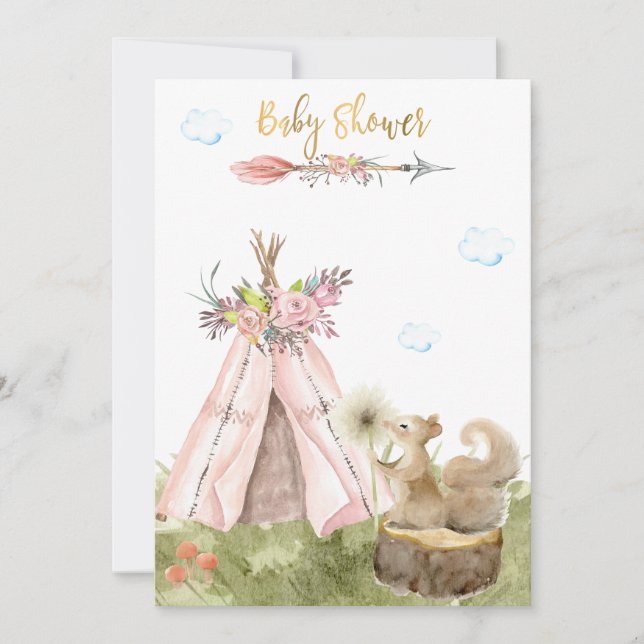 Invitación *~* Tribal Teepee Boho Squirrel Woodland Forest (Anverso)