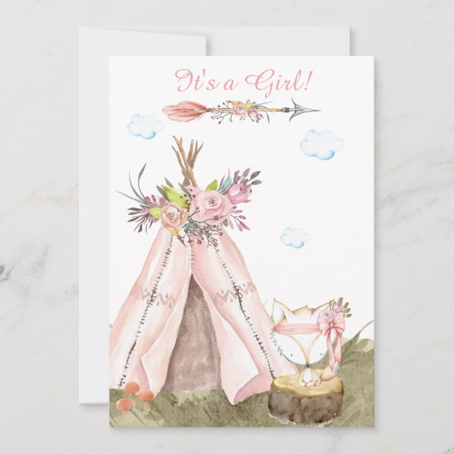 Invitación *~* Tribal Teepee . Boho Woodland Forest Chica Fox (Anverso)