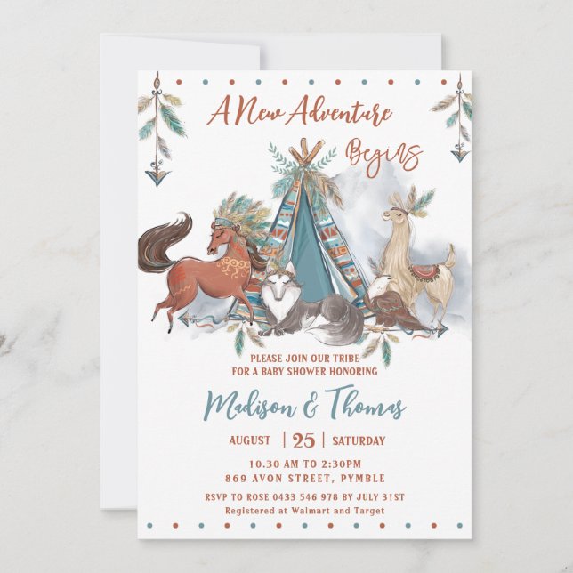 Invitación Tribal Woodland Animals Teepee Boy Baby Shower (Anverso)