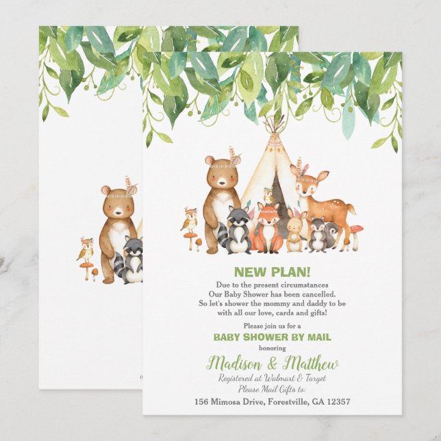 Invitación Tribal Woodland Baby Shower por correo Greenery Bo (Anverso / Reverso)