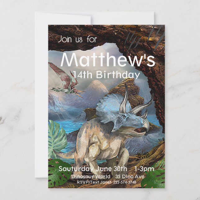Invitación Triceratops, cumpleaños de los dinosaurios, (Anverso)