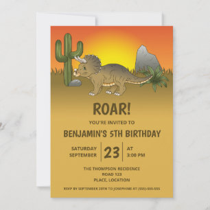 Invitación Triceratops Dinosaur En El Desierto Cumpleaños De
