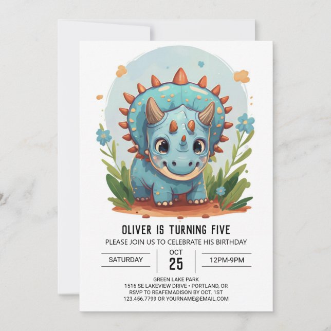 Invitación Triceratops Editable Dinosaur Boy Cumpleaños (Anverso)