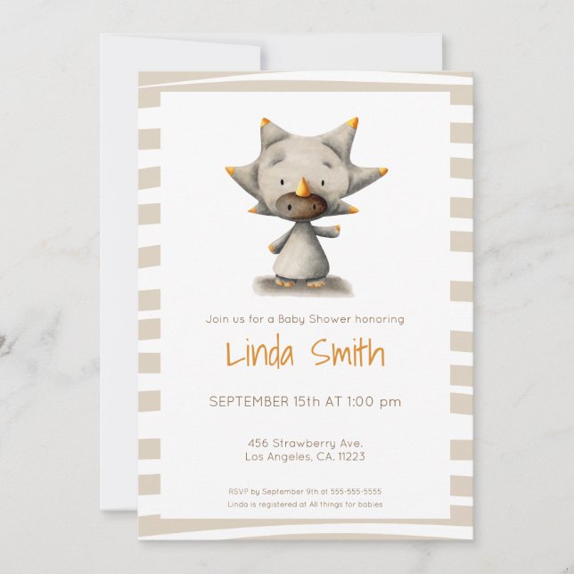 Invitación Triceratops Fiesta de Baby Shower Neutral de dinos (Anverso)