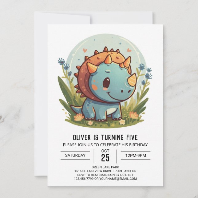 Invitación Triceratops Imprimible Dinosaur Boy Cumpleaños (Anverso)