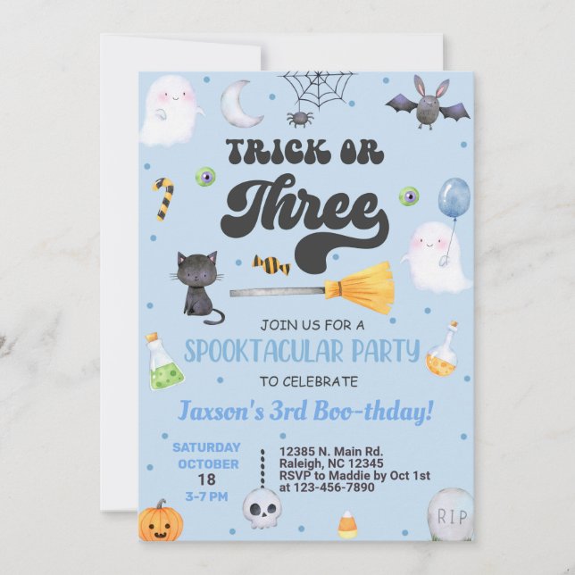 Invitación Trick o Three Halloween boy 3ra cumpleaños. (Anverso)
