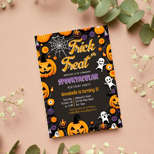 Invitación Trick o trance Halloween party groovic retro (Trick or treat Halloween spooktacular birthday party template invitation cute baby ghosts pumpkins)