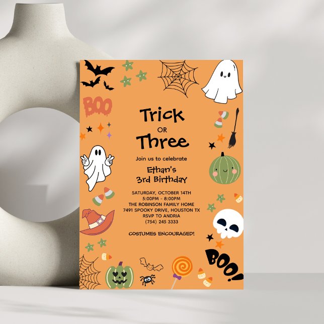 Invitación Trick o Treat Cute Ghost Halloween 3º cumpleaños (Trick or Treat Cute Ghost Halloween 3rd Birthday Invitation )