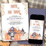 Invitación Trick o Trek Black Cat Pumpkin Patch Birthday In<br><div class="desc">Invitación a la fiesta de cumpleaños de halloween de los niños Trick o Treat con letras espeluznantes - personalizar para cualquier edad. Diseño de color de agua con temática de halloween con lindo gato negro y murciélago en gorras brujas,  escondidos en un parche de calabaza.</div>