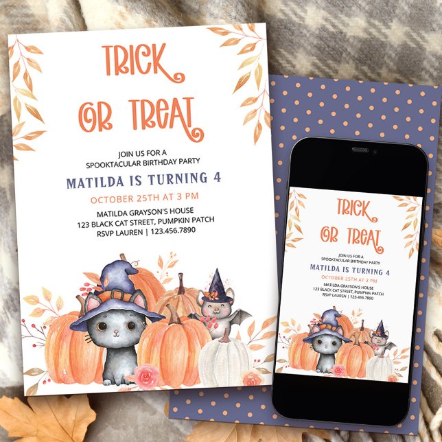 Invitación Trick o Trek Black Cat Pumpkin Patch Birthday In (Trick or Treat Halloween birthday party invitation with cute black cat and quirky wording)