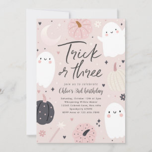 Invitación Trick O Tres Boho Halloween Fantasma Tercer cumple