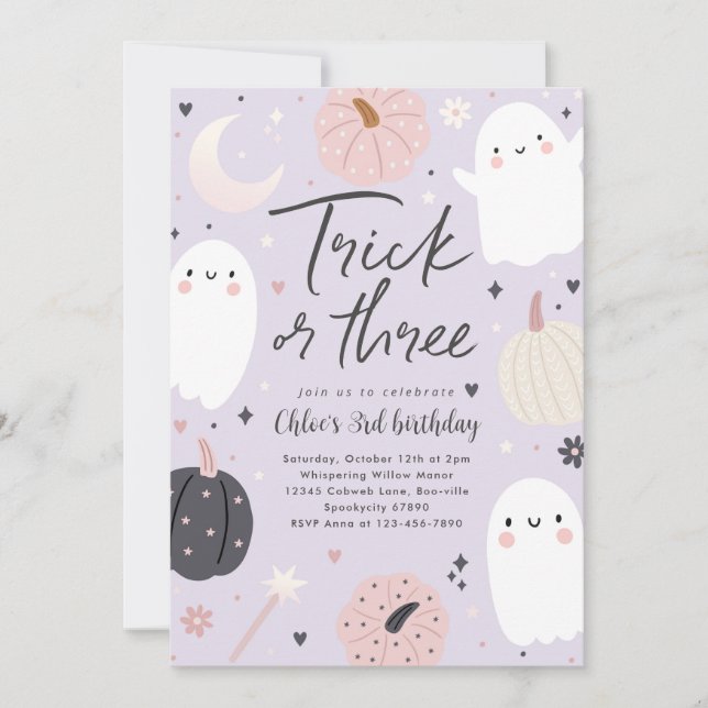 Invitación Trick O Tres Boho Halloween Fantasma Tercer cumple (Anverso)