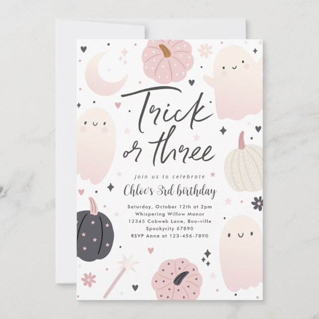 Invitación Trick O Tres Boho Halloween Fantasma Tercer cumple (Anverso)