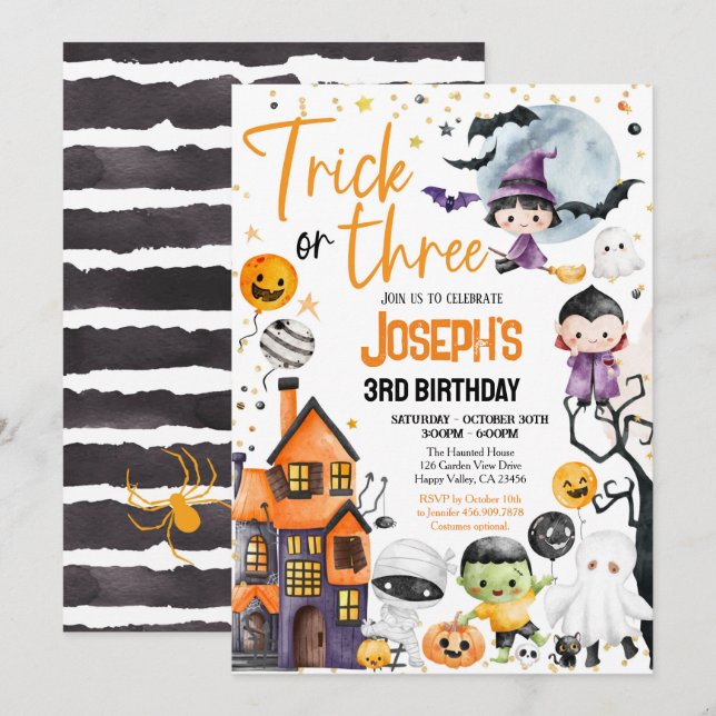 Invitación Trick o tres Fiestas de Halloween de tercer cumple (Anverso / Reverso)