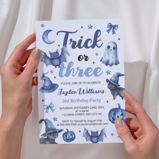 Invitación Trick O Tres Niños De Halloween Azul Tercer Cumple (Trick Or Three Blue Halloween Kids 3rd Birthday Invitation
)