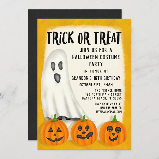 Invitación Trick o Treth Ghost Halloween Costume cumpleaños (Anverso / Reverso)