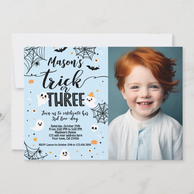 Invitación Trick or Three Blue Halloween Cute Ghost (Anverso)